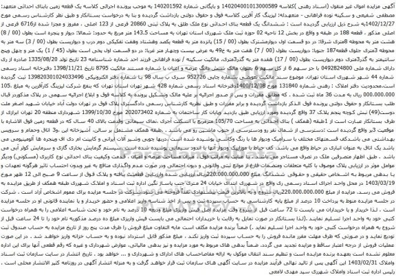 آگهی مزایده ششدانگ یک قطعه بنای احداثی نوع ملک طلق به پلاک ثبتی 20860 فرعی از 123 اصلی ، مفروز و مجزا شده از6716 فرعی از اصلی