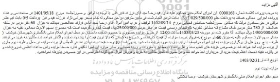 مزایده فروش میزان  60 متر مربع  در طبقه  همکف  از 780 متر مربع ملک مشاع