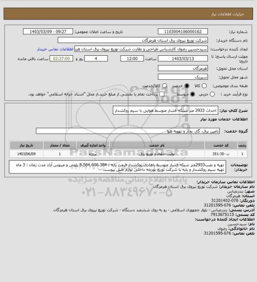 استعلام احداث 2933 متر شبکه فشار متوسط هوایی با سیم روکشدار