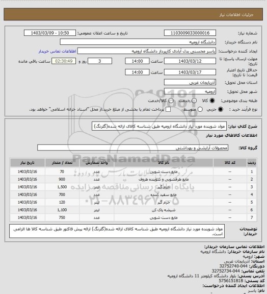 استعلام مواد شوینده مورد نیاز دانشگاه ارومیه طبق شناسه کالای ارائه شده(گلرنگ)