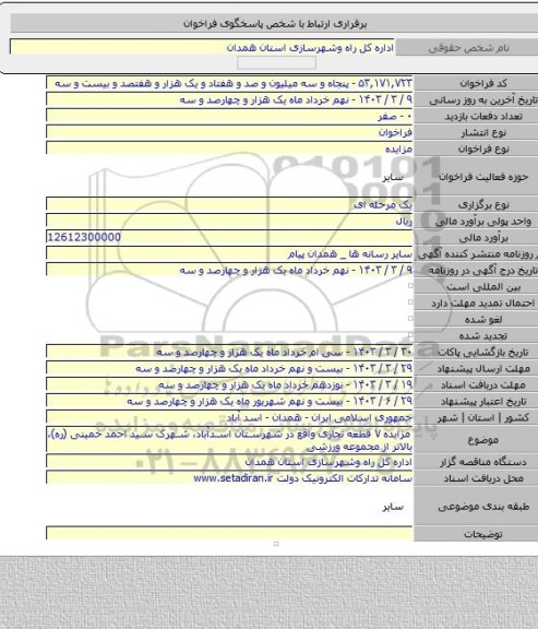 مزایده, مزایده ۷ قطعه تجاری واقع در شهرستان اسدآباد، شهرک سید احمد خمینی (ره)، بالاتر از مجموعه ورزشی