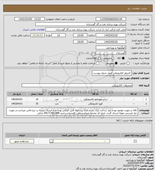 استعلام کنترولر الکترونیکی طبق جدول پیوست