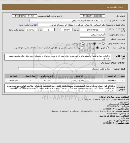 استعلام بارگیری، حمل و تخلیه ترانسفورماتور با تمام هزینه های بیمه ای از پست صوفیان به سعدی ارومیه طبق برگ پیشنهادقیمت پیوستی