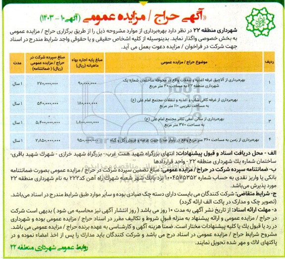 مزایده بهره برداری از آلاچیق غرفه اغذیه و تنقلات و ...