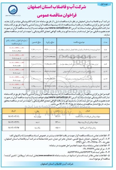 مناقصه اصلاح و توسعه شبکه فاضلاب اجرای نقاط انفصال شبکه در منطقه یک و....