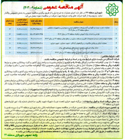 مناقصه عملیات نصب، مرمت و نگهداری گاردریل ها و ... 
