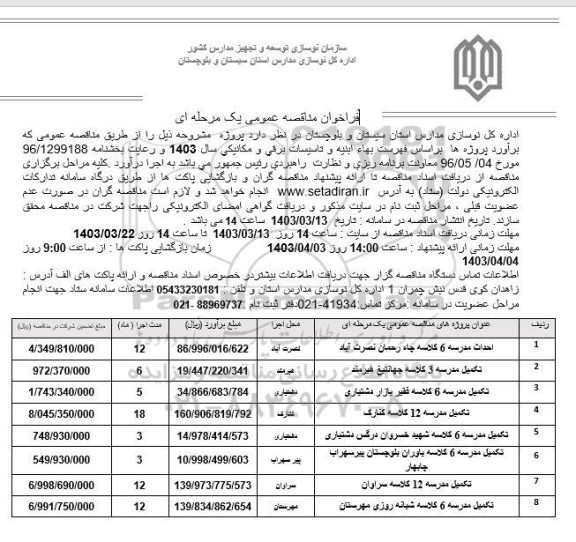 مناقصه احداث مدرسه 6 کلاسه و ... 