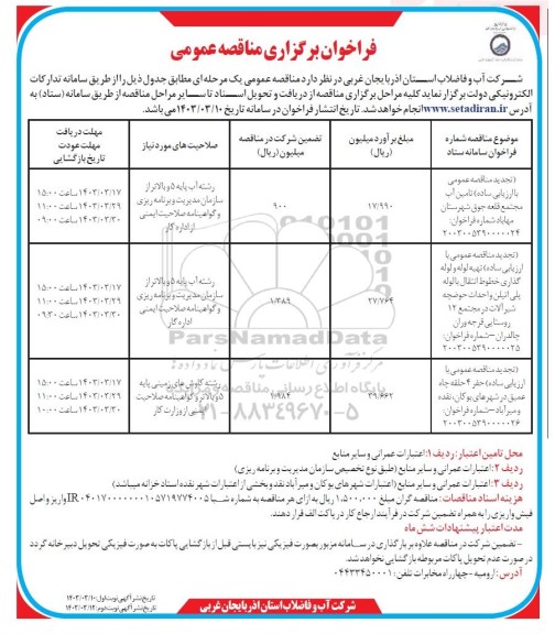 تجدید مناقصه تامین آب مجتمع و ...