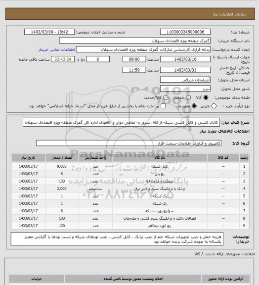 استعلام کانال کشی و کابل کشی شبکه از اتاق سرور به تمامی دوایر  و اتاقهای اداره کل گمرک منطقه ویژه اقتصادی سهلان