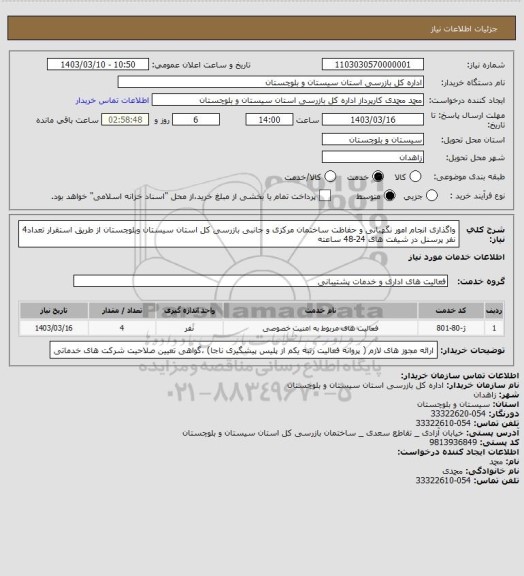استعلام واگذاری انجام امور نگهبانی و حفاظت ساختمان مرکزی و جانبی بازرسی کل استان سیستان وبلوچستان از طریق استقرار  تعداد4 نفر پرسنل در شیفت های 24-48 ساعته