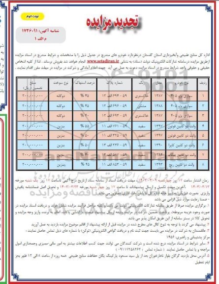 تجدید مزایده 8 مورد خودرو پژو 405 و وانت دوکابین -نوبت دوم