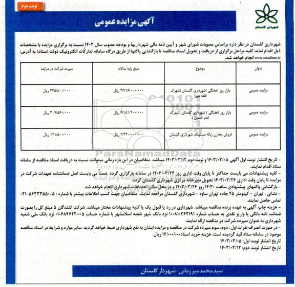 مزایده عمومی بازار روز (هفتگی) شهرداری... نوبت دوم 