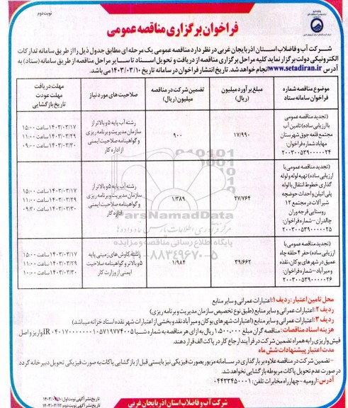 تجدید مناقصه تامین آب مجتمع و ... - نوبت دوم 