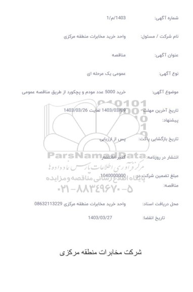 مناقصه خرید 5000 عدد مودم و پچکورد