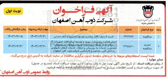 فراخوان خرید 5 ردیف بالابر زنجری (وینچ زنجیری) و تلفر دستی و ... 