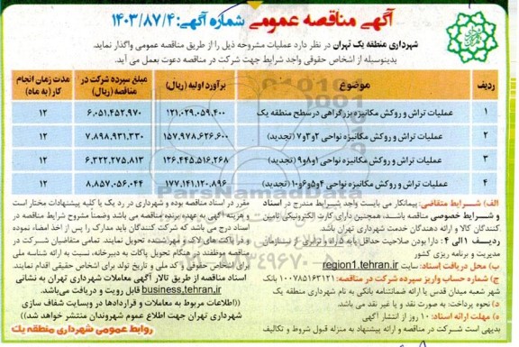 مناقصه عملیات تراش و روکش مکانیزه بزرگراهی در سطح منطقه یک و ... 