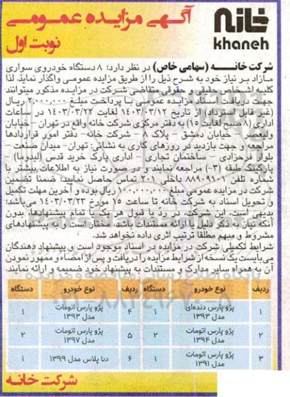 مزایده 8 دستگاه خودروی سواری