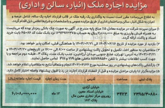 مزایده اجاره ملک (انبار،سالن و اداری)