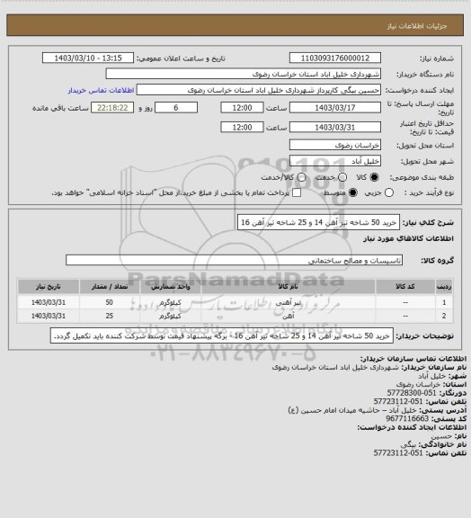 استعلام خرید 50 شاخه تیر آهن 14 و 25 شاخه تیر آهن 16