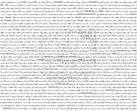 مزایده ملک با پلاک ثبتی 308 فرعی از 656 اصلی