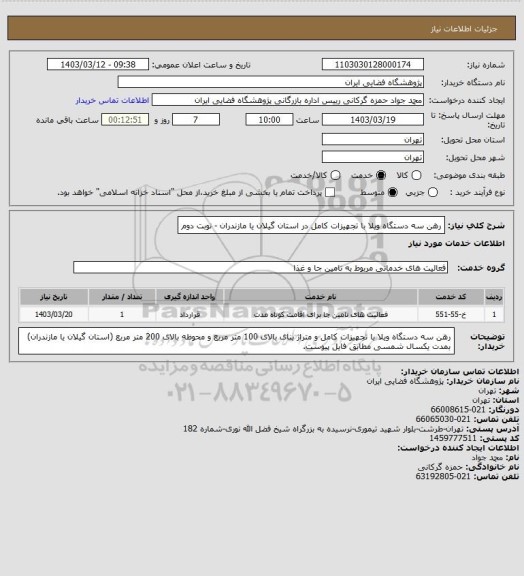 استعلام رهن سه دستگاه ویلا با تجهیزات کامل در استان گیلان یا مازندران - نوبت دوم