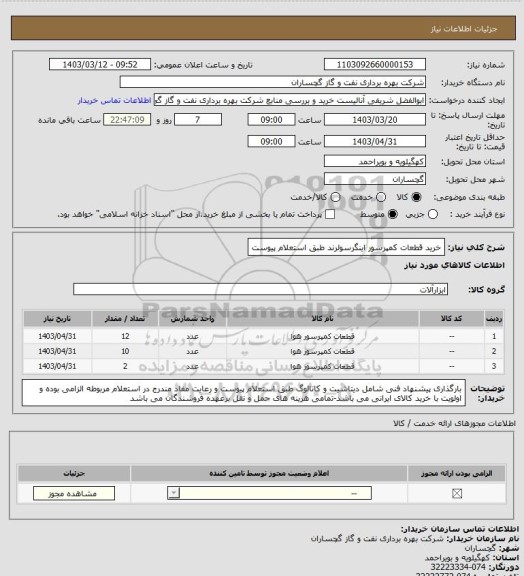 استعلام خرید قطعات کمپرسور اینگرسولرند طبق استعلام پیوست