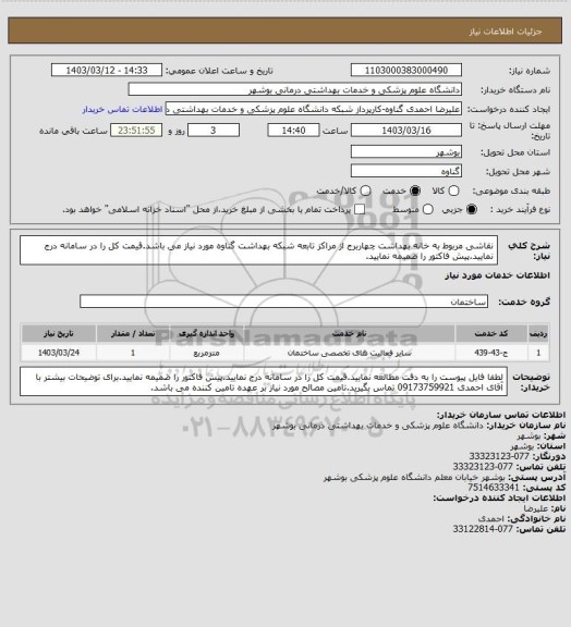 استعلام نقاشی مربوط به خانه بهداشت چهاربرج از مراکز تابعه شبکه بهداشت گناوه مورد نیاز می باشد.قیمت کل را در سامانه درج نمایید.پیش فاکتور را ضمیمه نمایید.