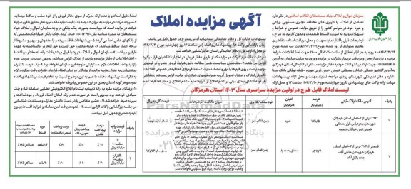 مزایده تعدادی از املاک با کاربریهای مختلف تجاری مسکونی زراعی و غیره