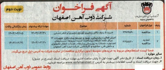 فراخوان خرید 5 ردیف بالابر زنجری (وینچ زنجیری) و تلفر دستی و ...  نوبت دوم 