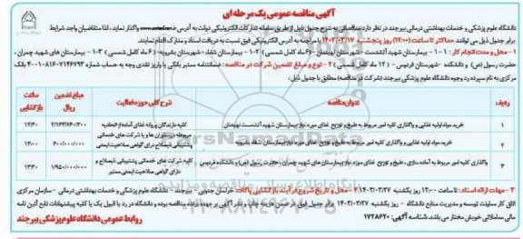 مناقصه خرید مواد اولیه غذایی و واگذاری کلیه امور مربوط به طبخ و توزیع غذای مورد نیاز بیمارستان....