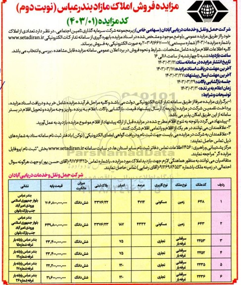  مزایده فروش املاک مازاد با کاربری مسکونی - تجاری - نوبت دوم 