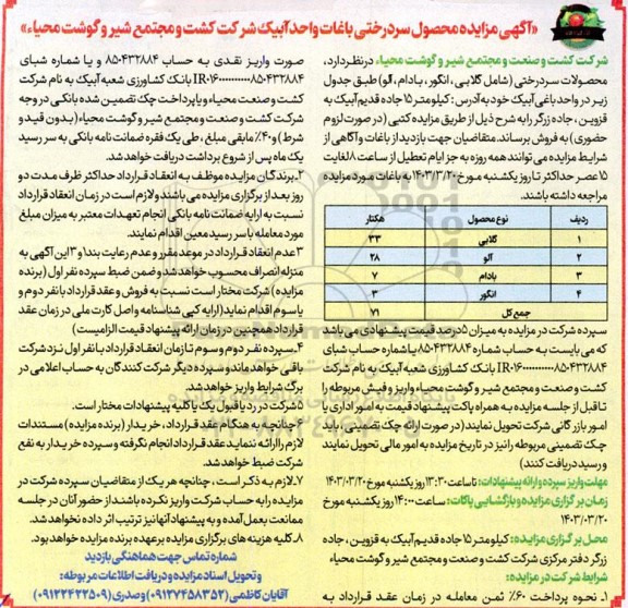 مزایده محصول سردرختی باغات واحد آبیک
