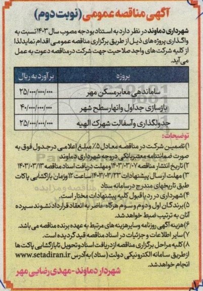 مناقصه ساماندهی معابر مسکن مهر....- نوبت دوم