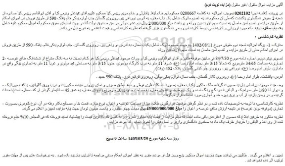 مزایده فروش سه دانگ مشاع از ششدانگ منافع عرصه تجاری به مساحت 34/65 مترمربع