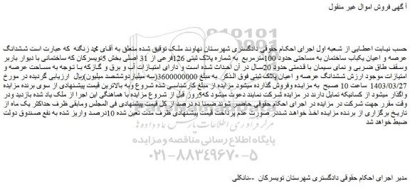 مزایده فروش ششدانگ عرصه و اعیان یکباب ساختمان به مساحتی حدود 100مترمربع به شماره پلاک ثبتی 126فرعی از 31 اصلی