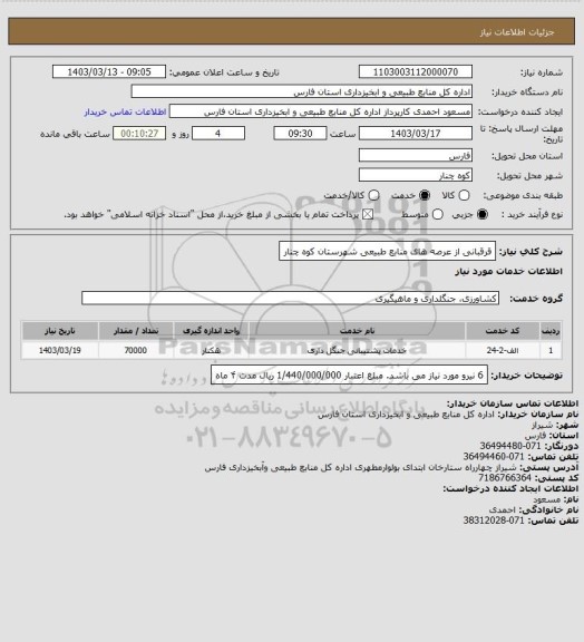استعلام قرقبانی از عرصه های منابع طبیعی شهرستان کوه چنار