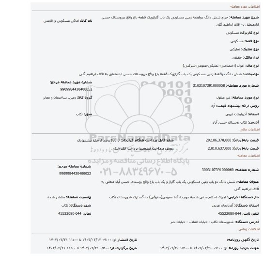 شش دانگ دوقطعه زمین مسکونی یک باب گاراژویک قطعه باغ واقع درروستای حسن ابادمتعلق به اقای ابراهیم گلی