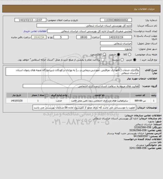استعلام واگذاری خدمات ( نگهداری ،مراقبتی ،آموزشی،درمانی و ...) به نوزادان و کودکان شیرخوارگاه غنچه های رضوان استان خراسان شمالی