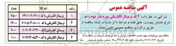 مناقصه 4 کد ترمینال الکتریکی 