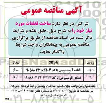 مناقصه ساخت قطعات قطعه آلومینیومی 