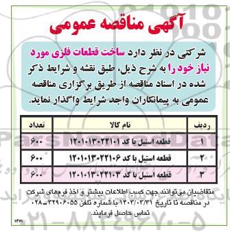 مناقصه ساخت قطعات فلزی 3 قطعه استیل 