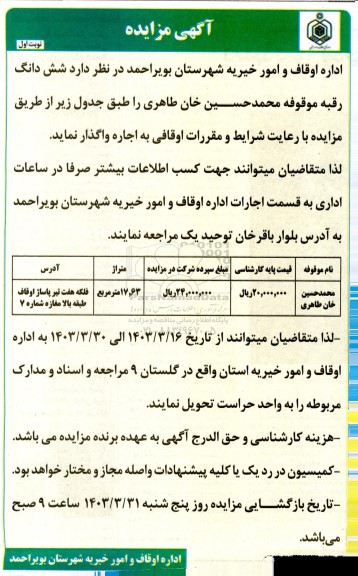 مزایده اجاره شش دانگ رقبه موقوفه محمدحسین خان 