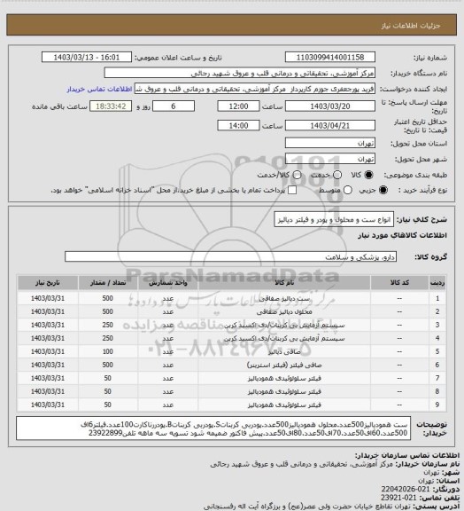 استعلام انواع ست و محلول و پودر و فیلتر دیالیز