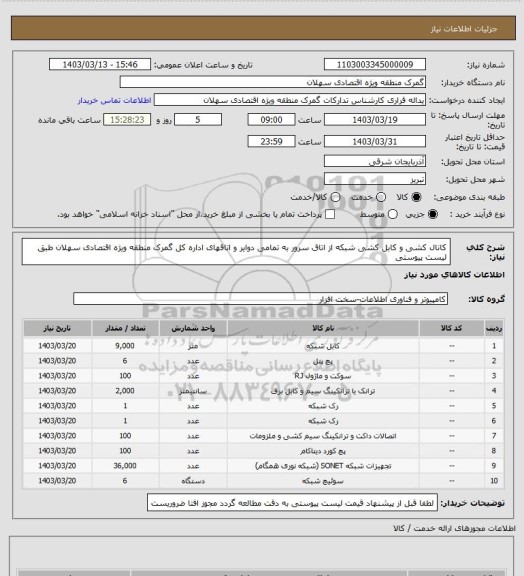 استعلام کانال کشی و کابل کشی شبکه از اتاق سرور به تمامی دوایر  و اتاقهای اداره کل گمرک منطقه ویژه اقتصادی سهلان طبق لیست پیوستی