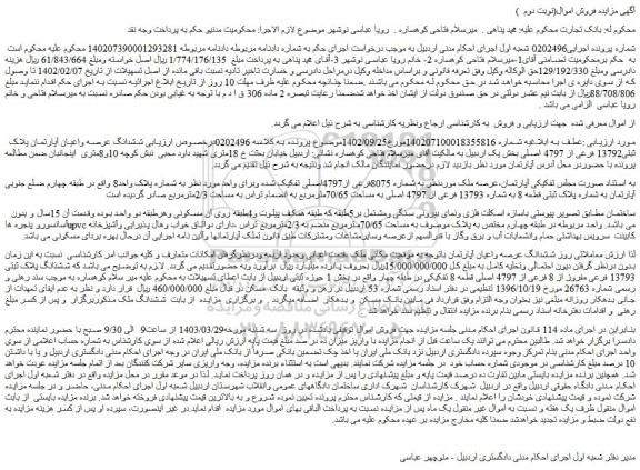 مزایده فروش ششدانگ عرصه واعیان آپارتمان پلاک ثبتی13792 فرعی از 4797 اصلی