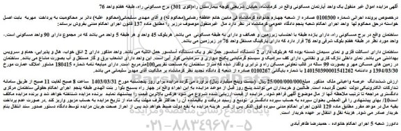 مزایده فروش ششدانگ عرصه واعیانی ملک