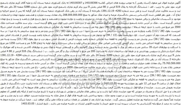آگهی مزایده ششدانگ کارخانه به پلاک 519 فرعی از 80 اصلی بخش 9