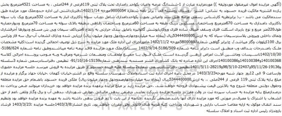 آگهی مزایده ششدانگ عرصه واعیان یکواحد دامداری تحت پلاک ثبتی 119فرعی از 244اصلی ، به مساحت 4521مترمربع