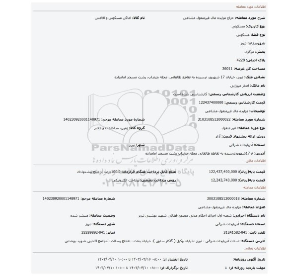 مزایده مال غیرمنقول مشاعی