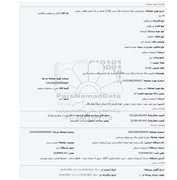 فروش ملک مشاع از پلاک ثبتی 11162 فرعی از یک اصلی واقع در بخش 9 تبریز